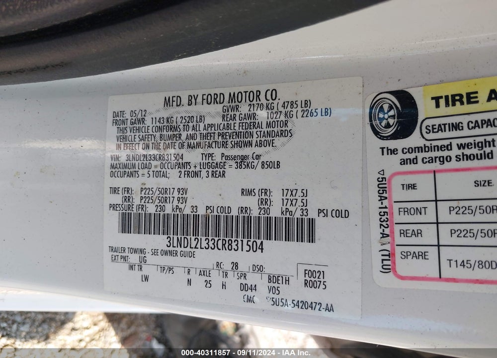 2012 LINCOLN MKZ HYBRID VIN: 3LNDL2L33CR831504