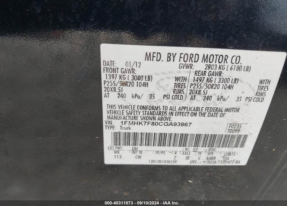 2012 FORD EXPLORER LIMITED VIN: 1FMHK7F80CGA93967