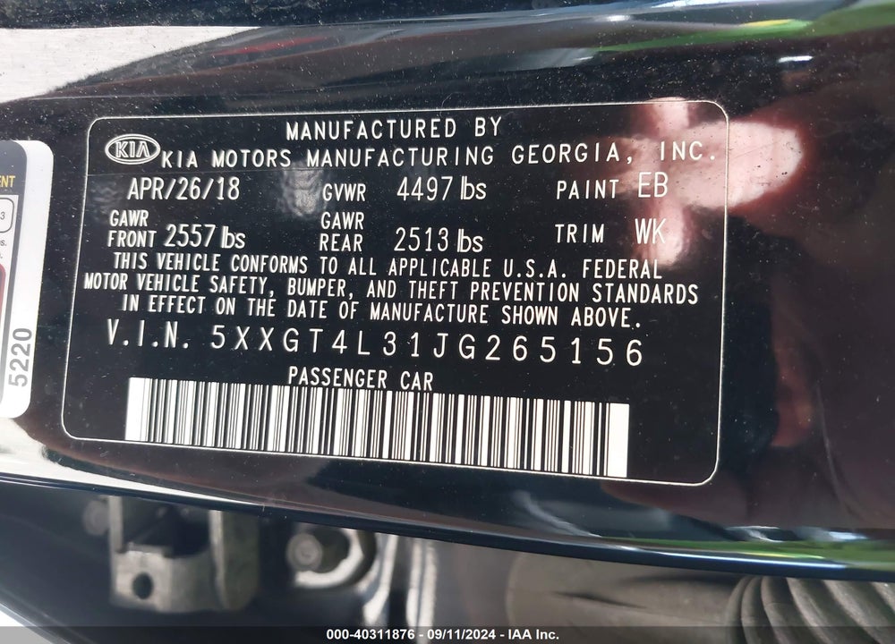 2018 KIA OPTIMA LX VIN: 5XXGT4L31JG265156