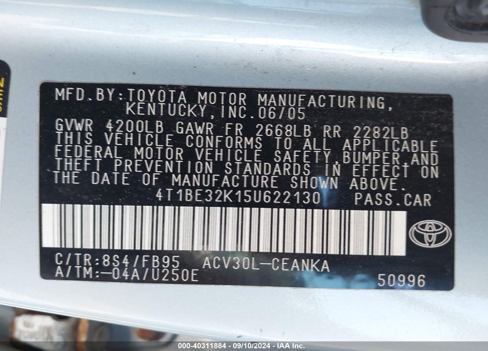 2005 TOYOTA CAMRY LE VIN: 4T1BE32K15U622130