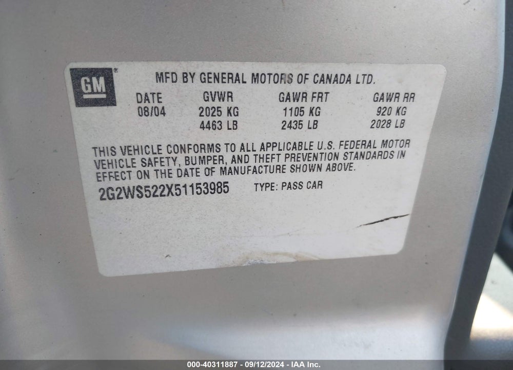 2005 PONTIAC GRAND PRIX GT VIN: 2G2WS522X51153985