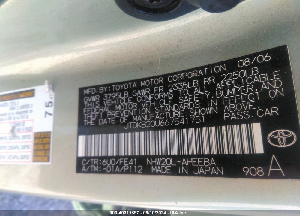 2006 TOYOTA PRIUS VIN: JTDKB20U667541751