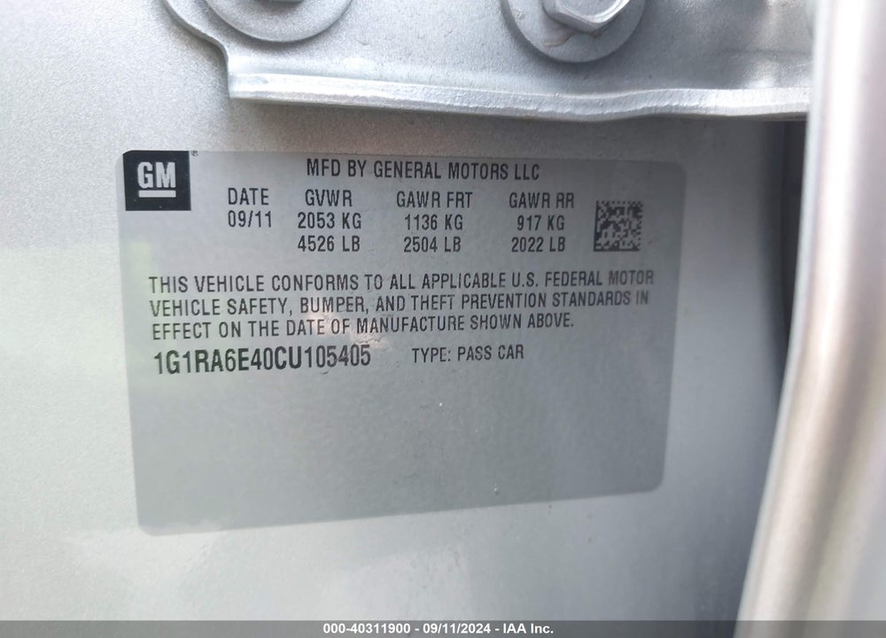 2012 CHEVROLET VOLT VIN: 1G1RA6E40CU105405