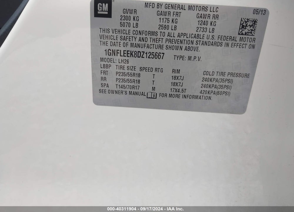 2013 CHEVROLET EQUINOX 1LT VIN: 1GNFLEEK8DZ125667