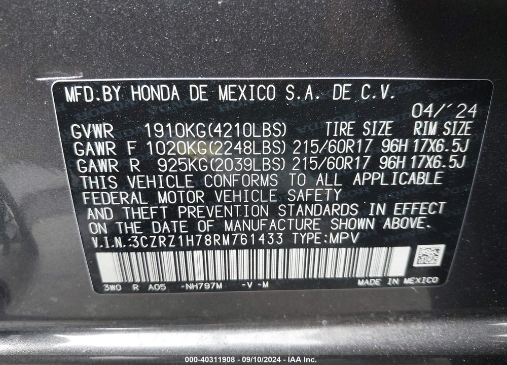 2024 HONDA HR-V 2WD EX-L/2WD EX-L W/O BSI VIN: 3CZRZ1H78RM761433