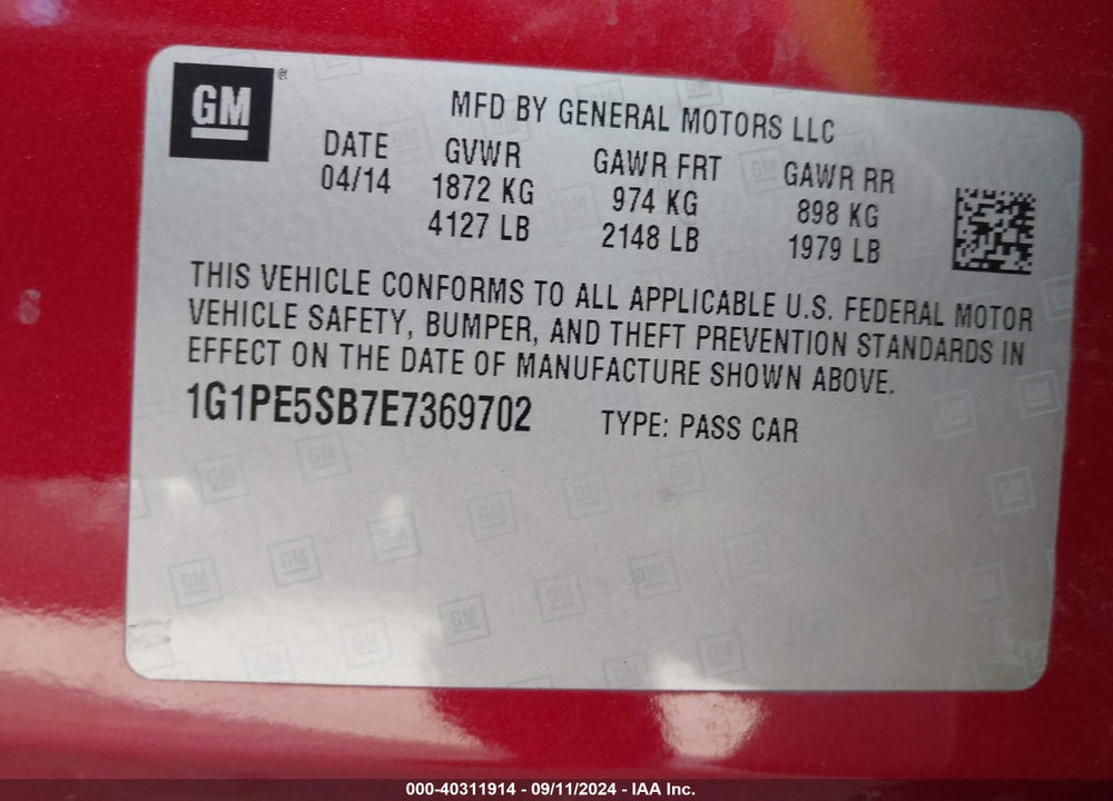 2014 CHEVROLET CRUZE 2LT AUTO VIN: 1G1PE5SB7E7369702