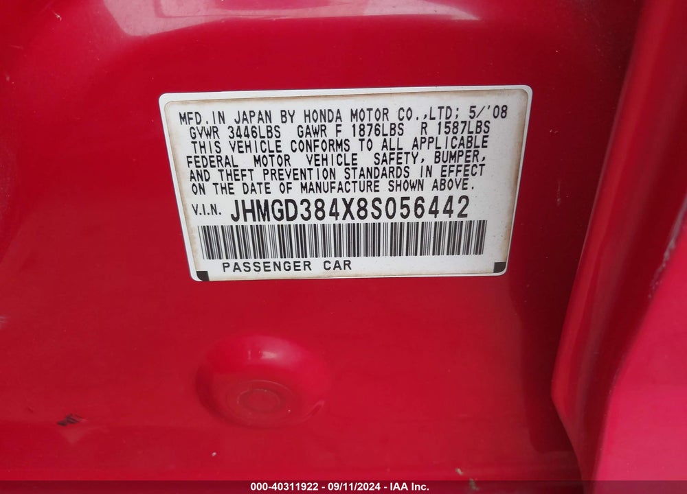 2008 HONDA FIT VIN: JHMGD384X8S056442