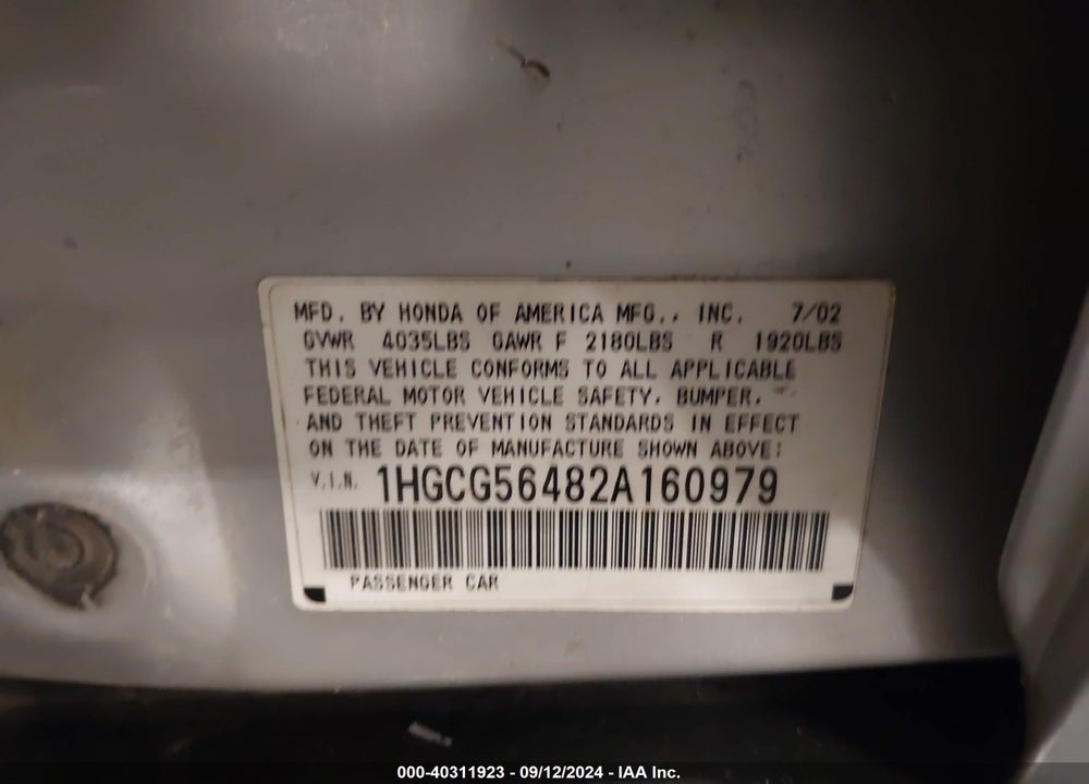 2002 HONDA ACCORD 2.3 LX VIN: 1HGCG56482A160979