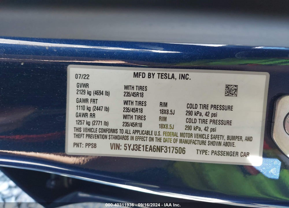 2022 TESLA MODEL 3 VIN: 5YJ3E1EA6NF317506
