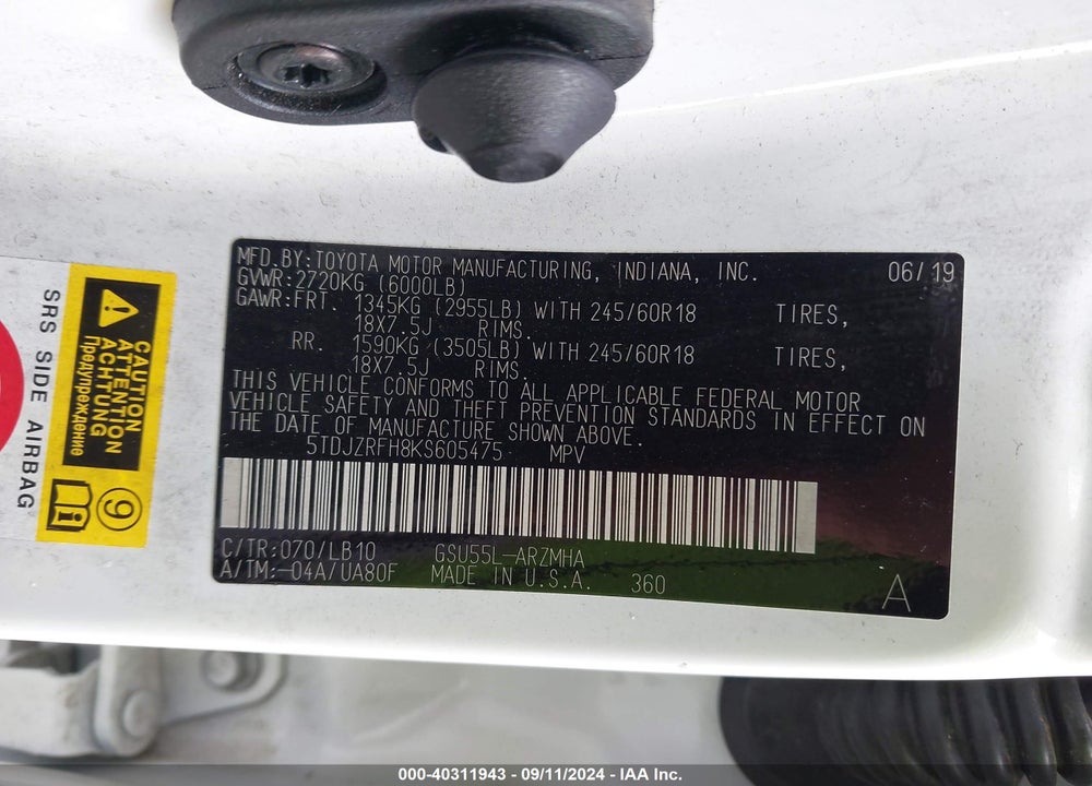 2019 TOYOTA HIGHLANDER XLE VIN: 5TDJZRFH8KS605475