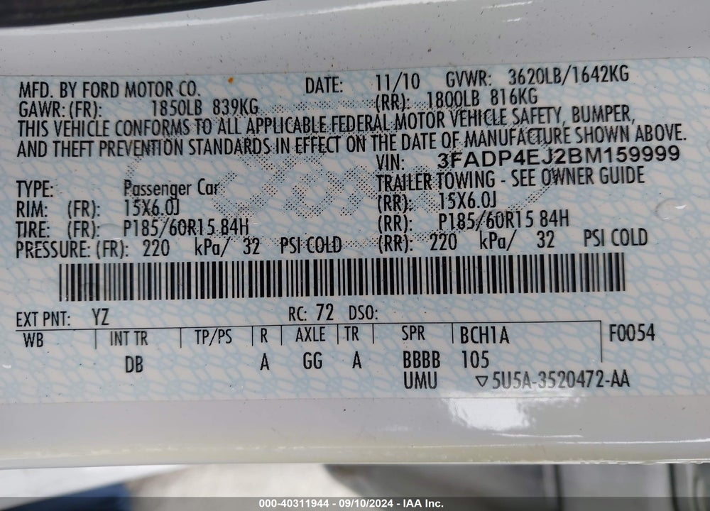 2011 FORD FIESTA SE VIN: 3FADP4EJ2BM159999