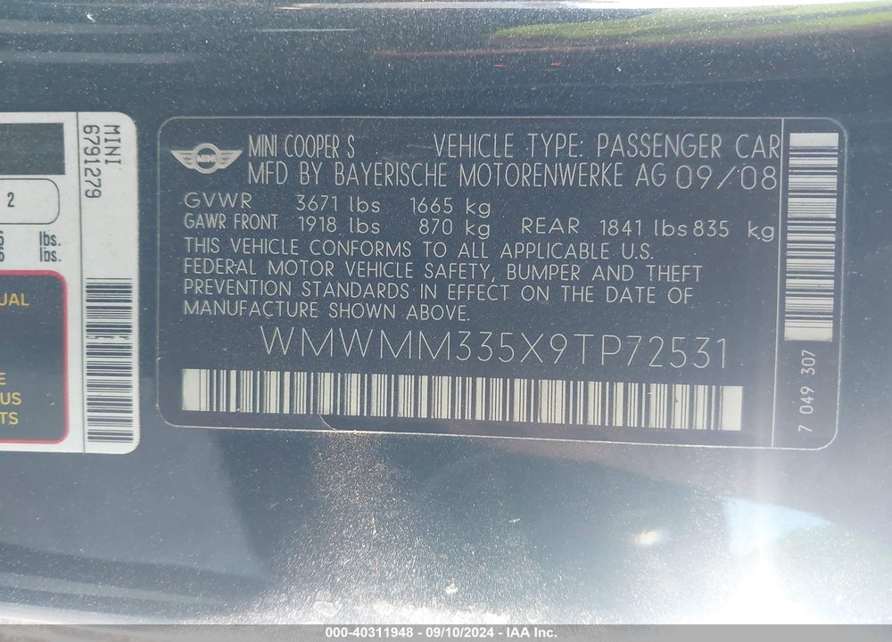 2009 MINI COOPER S CLUBMAN VIN: WMWMM335X9TP72531