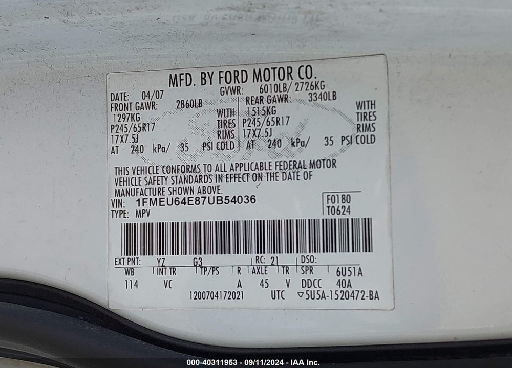 2007 FORD EXPLORER EDDIE BAUER VIN: 1FMEU64E87UB54036