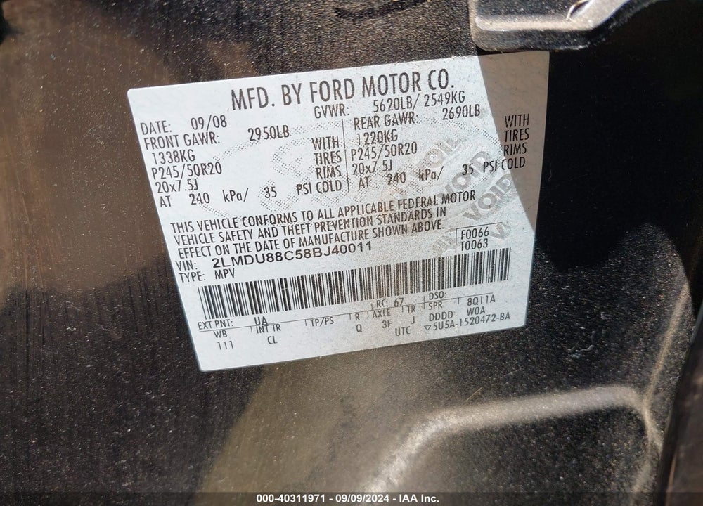 2008 LINCOLN MKX VIN: 2LMDU88C58BJ40011