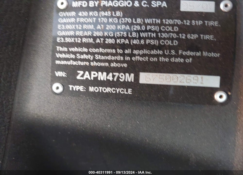 2007 PIAGGIO MP3 VIN: ZAPM479M675002691