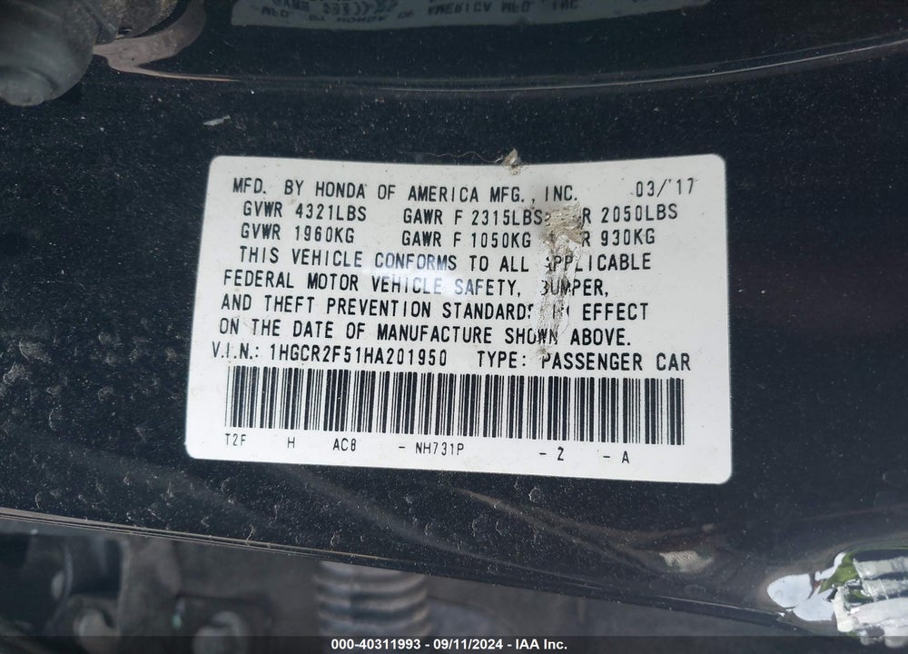 2017 HONDA ACCORD SPORT VIN: 1HGCR2F51HA201950