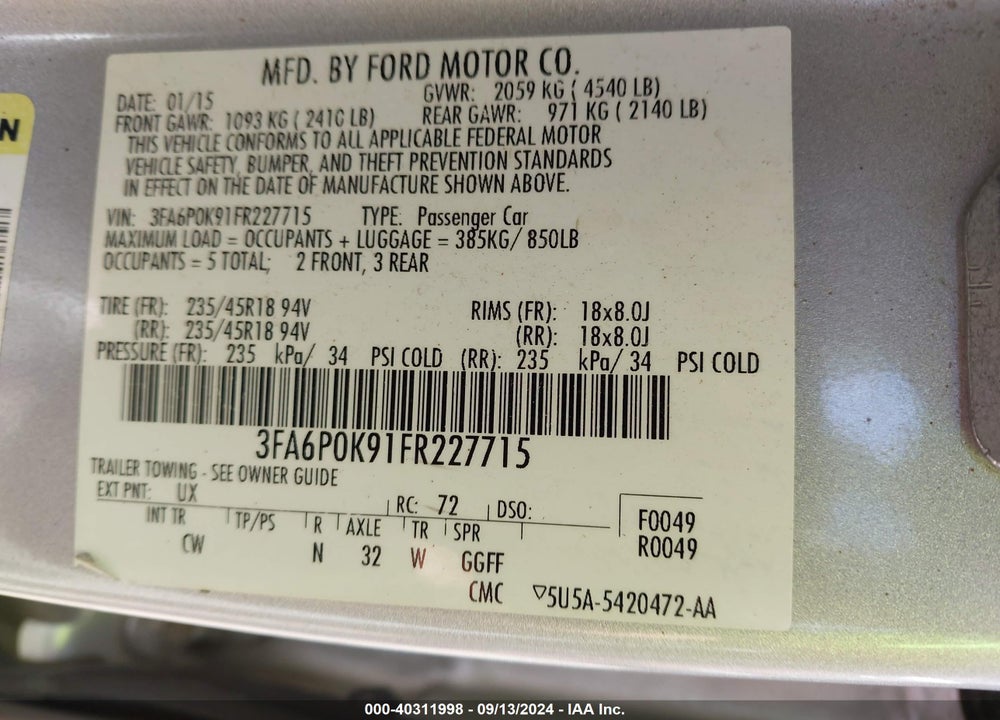 2015 FORD FUSION TITANIUM VIN: 3FA6P0K91FR227715