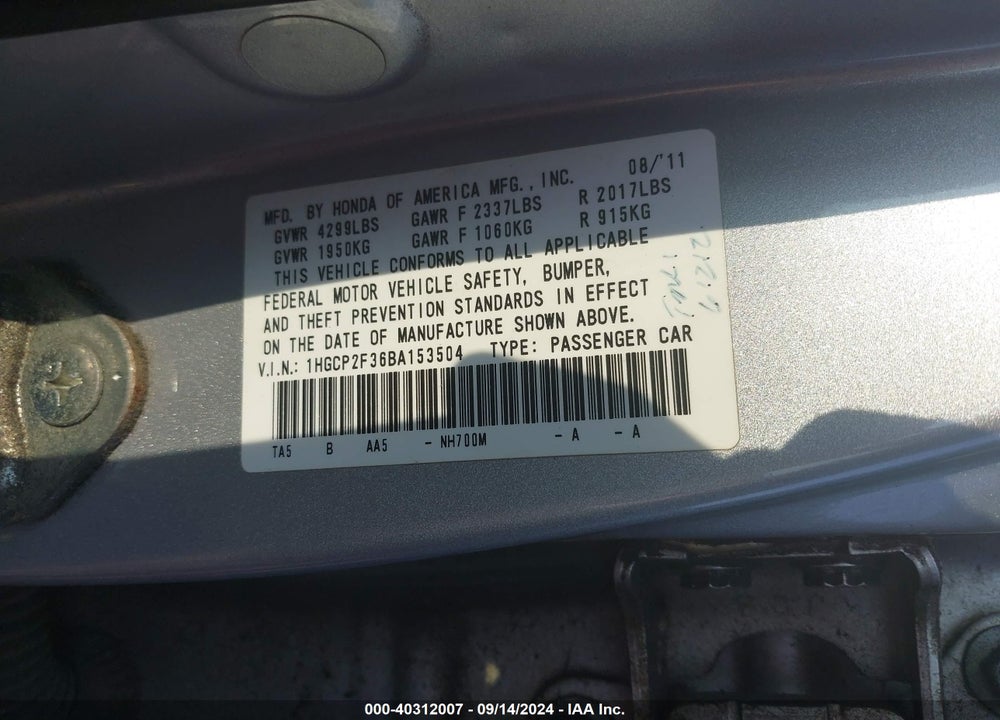 2011 HONDA ACCORD 2.4 LX VIN: 1HGCP2F36BA153504