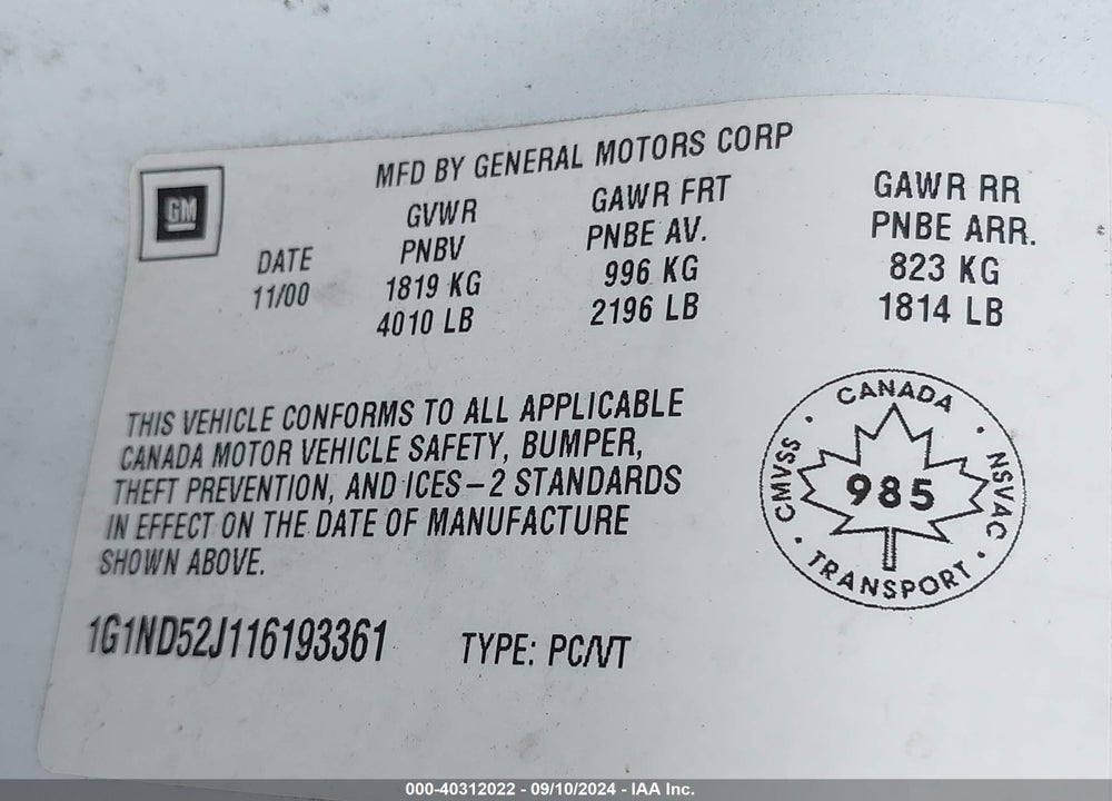 2001 CHEVROLET MALIBU VIN: 1G1ND52J116193361