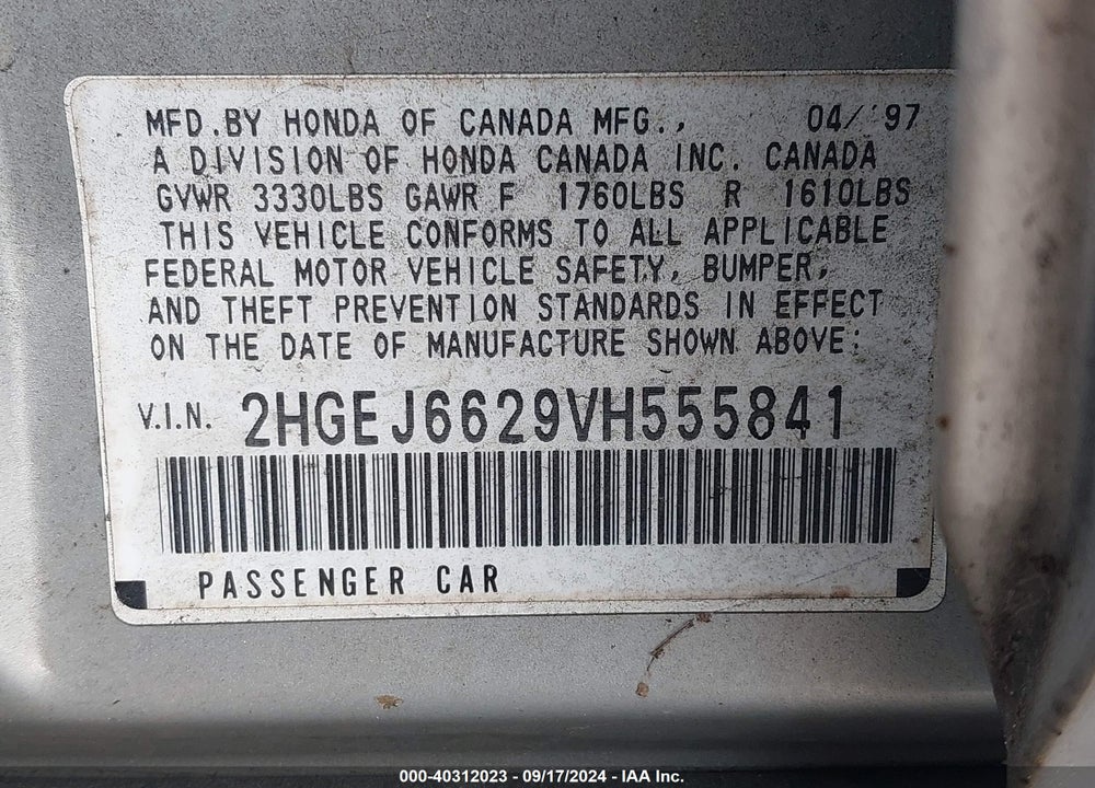 1997 HONDA CIVIC DX VIN: 2HGEJ6629VH555841