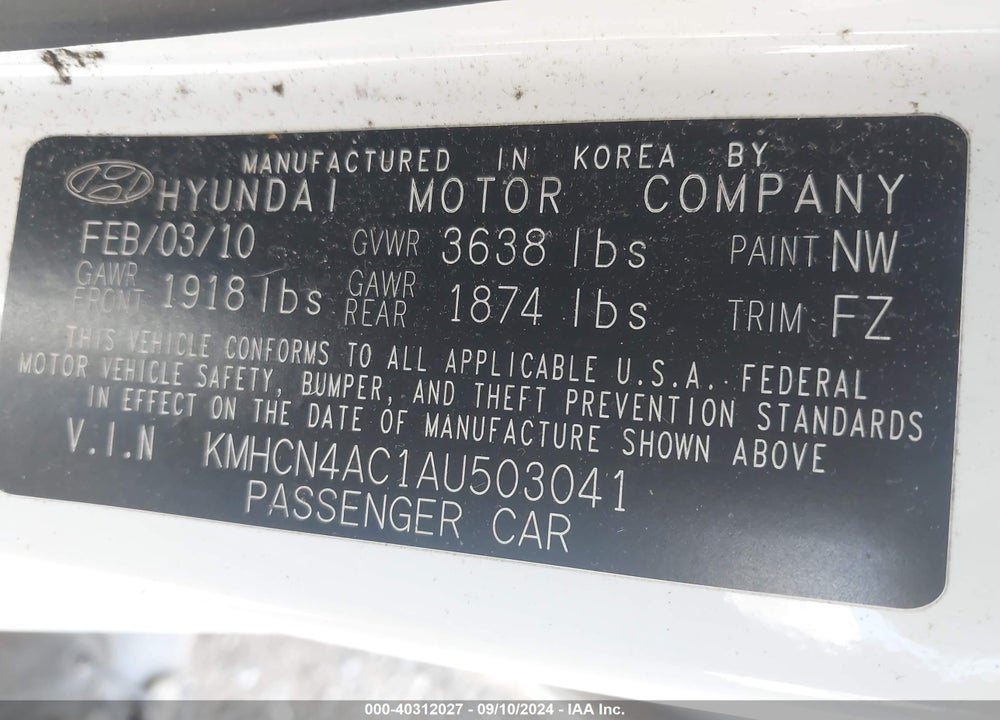 2010 HYUNDAI ACCENT GLS VIN: KMHCN4AC1AU503041