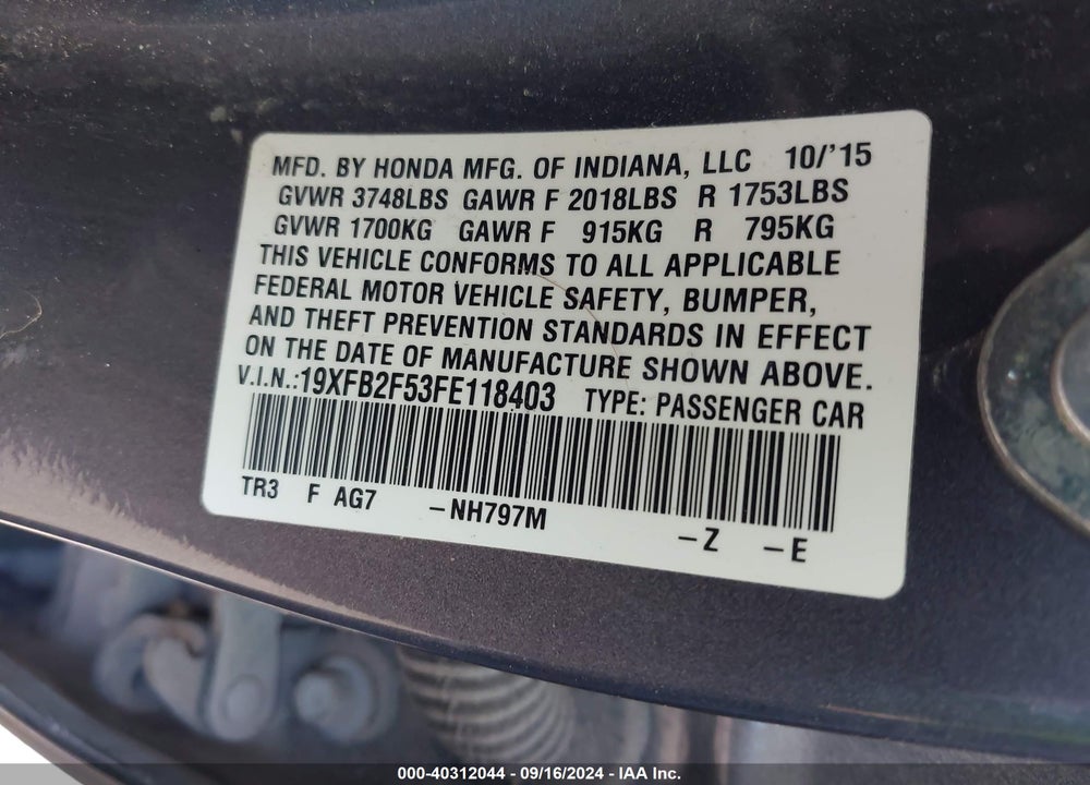 2015 HONDA CIVIC LX VIN: 19XFB2F53FE118403