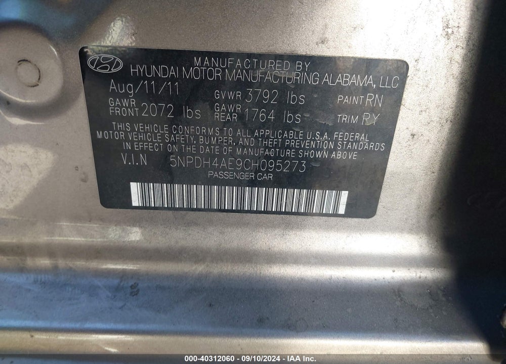 2012 HYUNDAI ELANTRA LIMITED VIN: 5NPDH4AE9CH095273