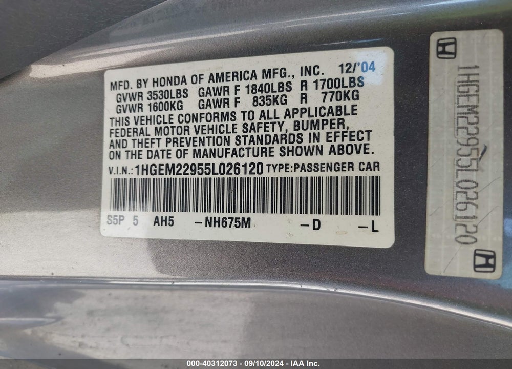 2005 HONDA CIVIC EX VIN: 1HGEM22955L026120
