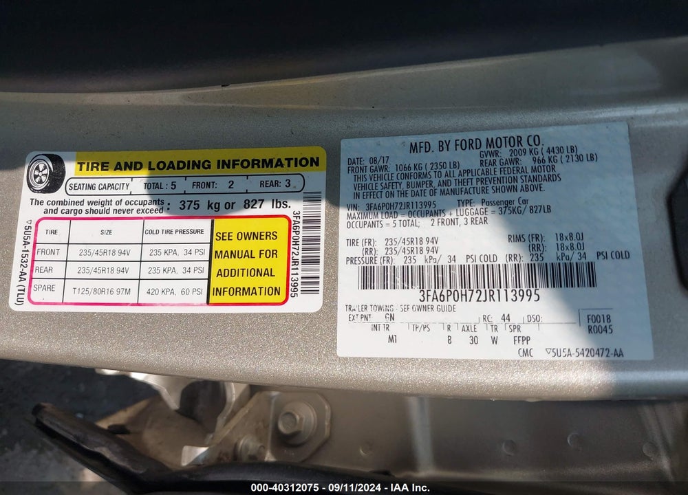 2018 FORD FUSION SE VIN: 3FA6P0H72JR113995