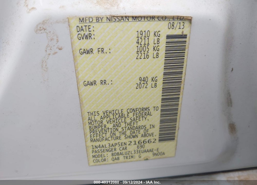 2014 NISSAN ALTIMA 2.5 SV VIN: 1N4AL3AP5EN216662