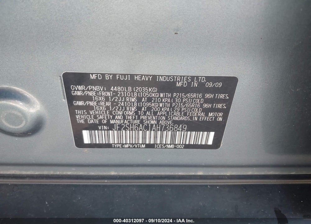2010 SUBARU FORESTER 2.5X VIN: JF2SH6AC1AH736849