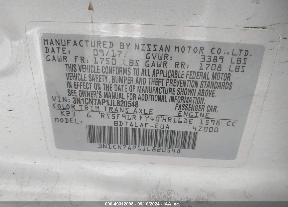 2018 NISSAN VERSA 1.6 S+ VIN: 3N1CN7AP1JL820548