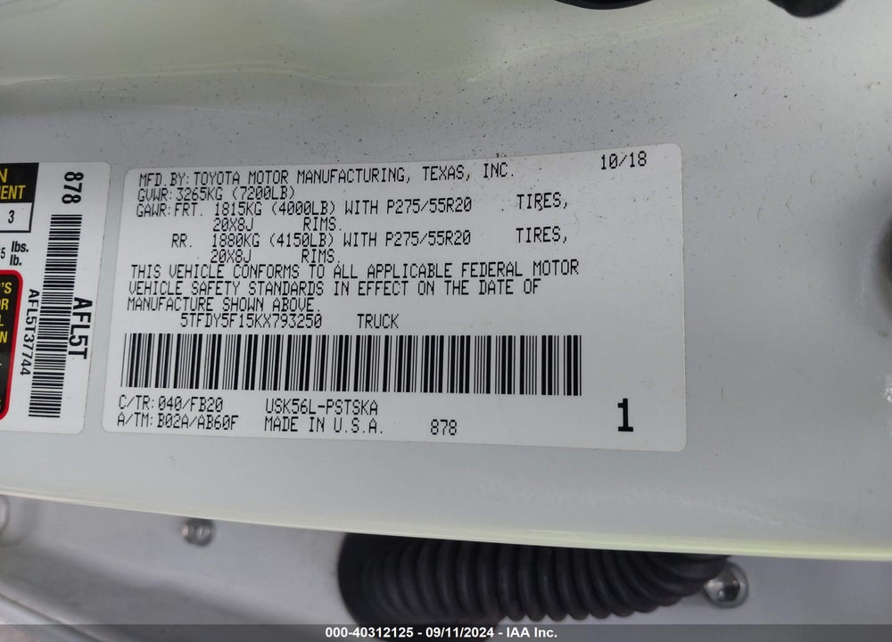 2019 TOYOTA TUNDRA SR5 5.7L V8 VIN: 5TFDY5F15KX793250