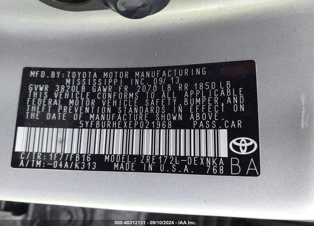 2014 TOYOTA COROLLA LE PLUS VIN: 5YFBURHEXEP021968