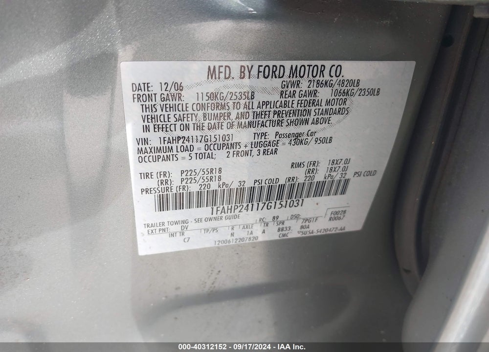 2007 FORD FIVE HUNDRED SEL VIN: 1FAHP24117G151031