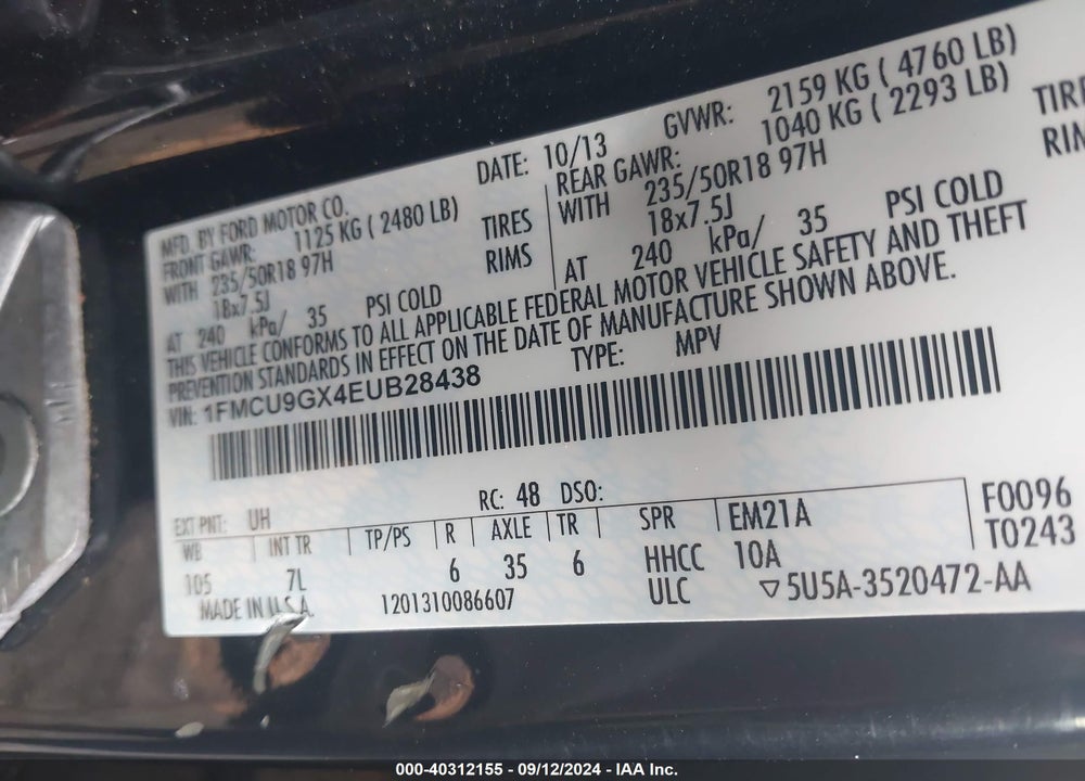 2014 FORD ESCAPE SE VIN: 1FMCU9GX4EUB28438