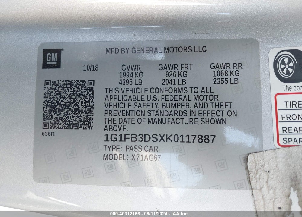 2019 CHEVROLET CAMARO 1LT VIN: 1G1FB3DSXK0117887