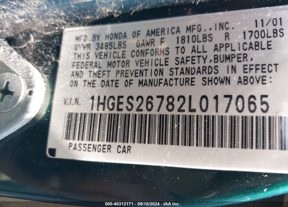 2002 HONDA CIVIC EX VIN: 1HGES26782L017065