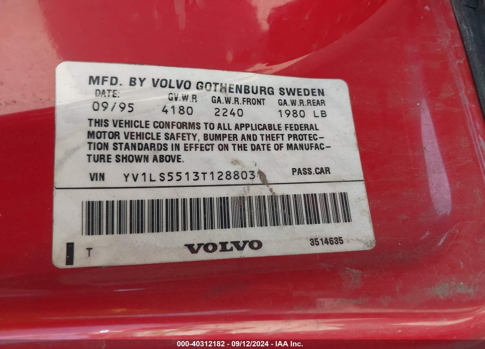 1996 VOLVO 850 GLT VIN: YV1LS5513T1288031