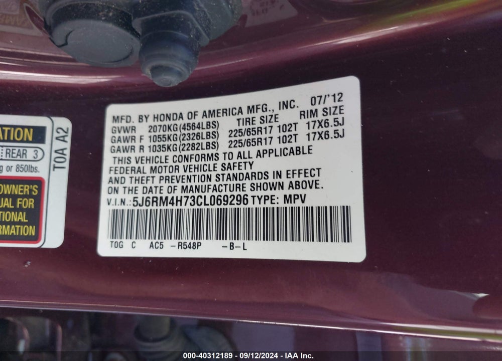 2012 HONDA CR-V EX-L VIN: 5J6RM4H73CL069296