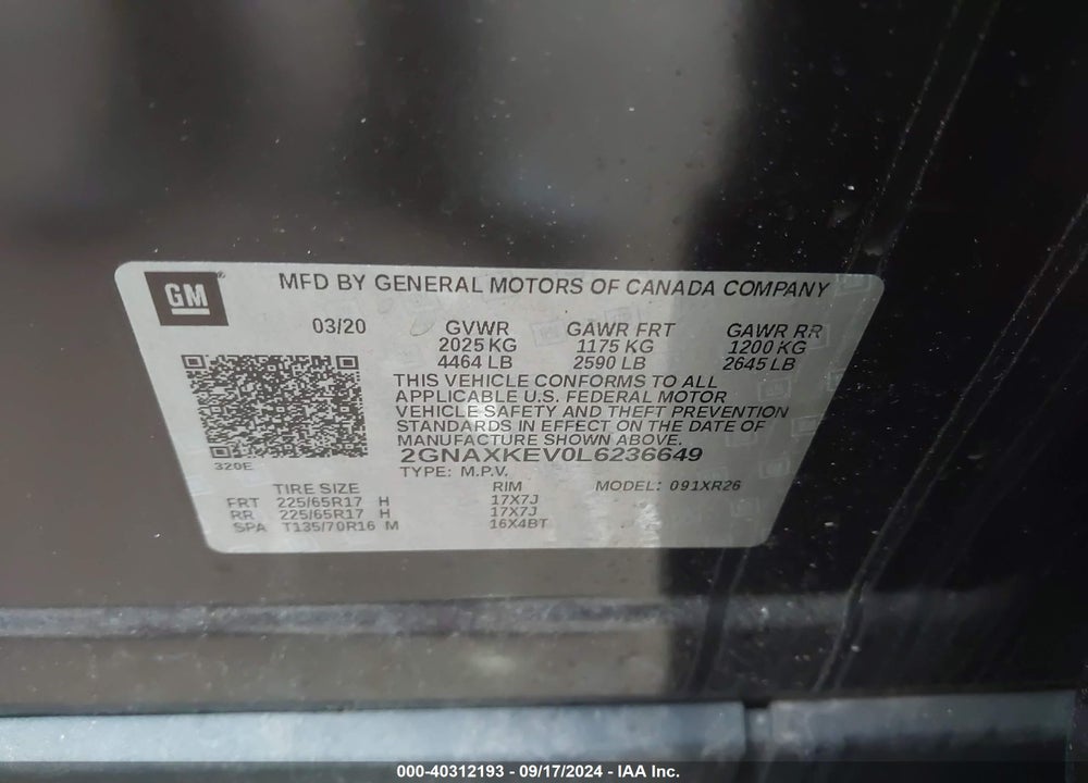 2020 CHEVROLET EQUINOX FWD LT 1.5L TURBO VIN: 2GNAXKEV0L6236649