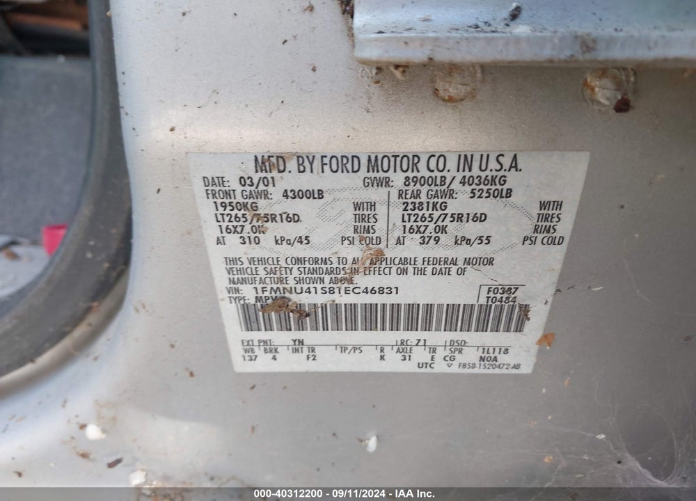2001 FORD EXCURSION XLT VIN: 1FMNU41S81EC46831
