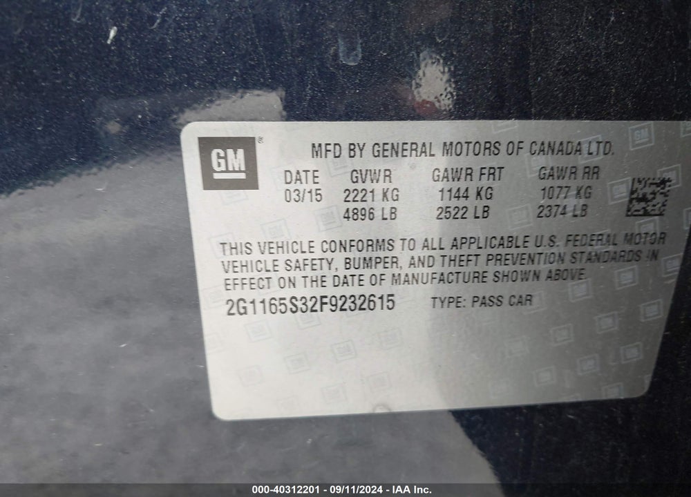 2015 CHEVROLET IMPALA 2LZ VIN: 2G1165S32F9232615