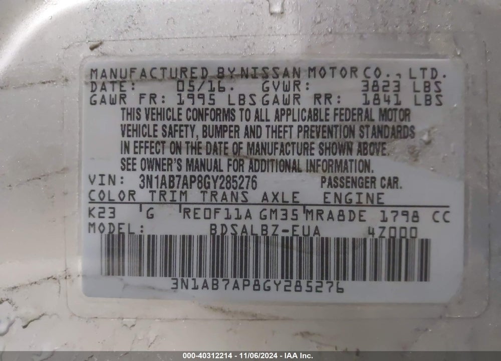 2016 NISSAN SENTRA FE+ S/S/SL/SR/SV VIN: 3N1AB7AP8GY285276