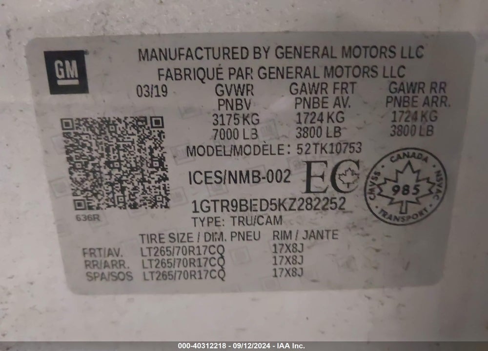 2019 GMC SIERRA 1500 SLE VIN: 1GTR9BED5KZ282252