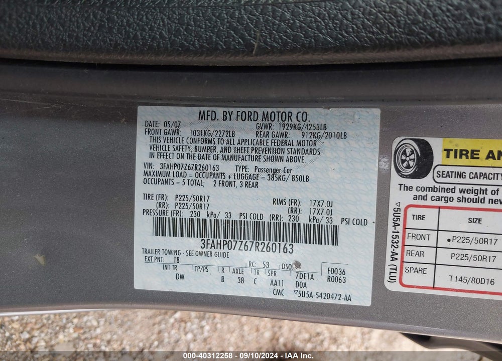 2007 FORD FUSION SE VIN: 3FAHP07Z67R260163