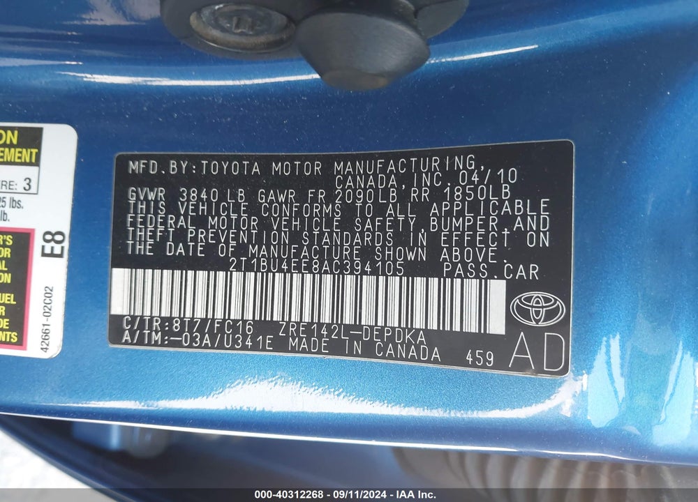 2010 TOYOTA COROLLA LE VIN: 2T1BU4EE8AC394105