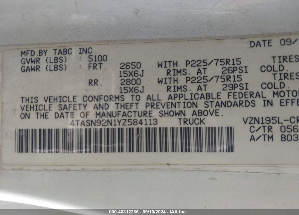 2000 TOYOTA TACOMA PRERUNNER V6 VIN: 4TASN92N1YZ584113