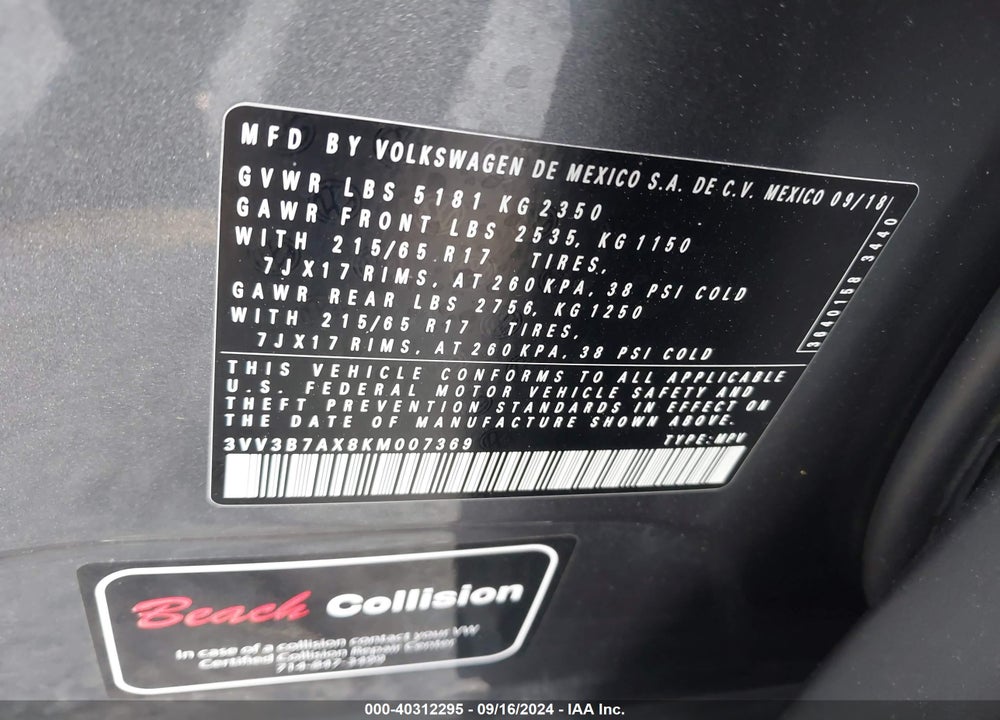 2019 VOLKSWAGEN TIGUAN 2.0T SE/2.0T SEL/2.0T SEL R-LINE/2.0T SEL R-LINE BLACK VIN: 3VV3B7AX8KM007369