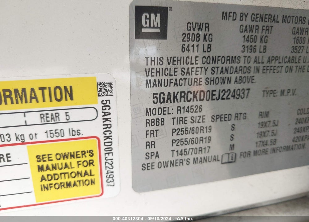 2014 BUICK ENCLAVE PREMIUM VIN: 5GAKRCKD0EJ224937